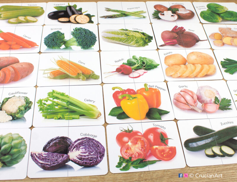 Set of real photo vegetables puzzle pairs to print for classroom activity. Healthy food theme picture puzzles: potato, tomato, onion, carrot, bell pepper, broccoli, cucumber, mushroom, corn, garlic, cabbage, cauliflower, asparagus, radish, eggplant, lettuce, celery, spinach, green beans, zucchini, green onions, beet, squash, peas, ginger root, brussels sprouts, sweet potato. DIY toddler and preschool matching game.