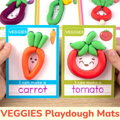 Vegetables themed playdough mats for preschool curriculum. Tomato and carrot veggies mats with play-doh and tracing words.
