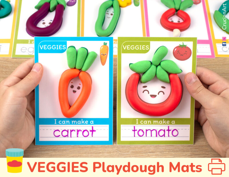 Vegetables themed playdough mats for preschool curriculum. Tomato and carrot veggies mats with play-doh and tracing words.