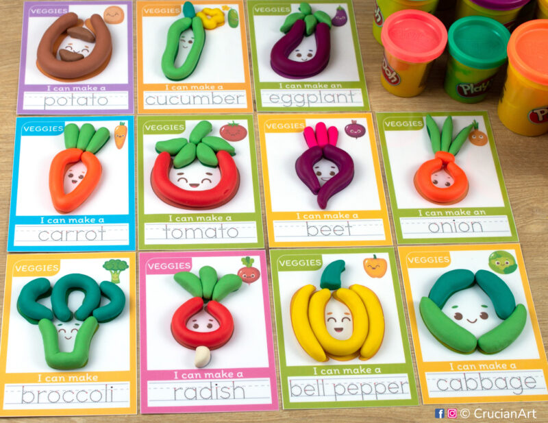 Set of Vegetables printable materials for playdough sensory station. Playdough mats for Play-Doh with images of a tomato, carrot, broccoli, onion, cabbage, radish, bell pepper, cucumber, potato, beet, eggplant.