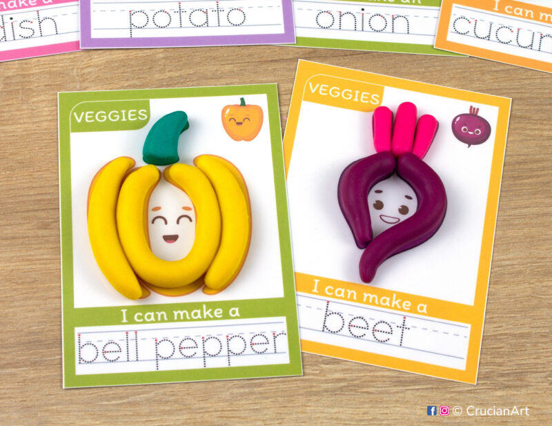 Set of printable Vegetables playdough mats for healthy food learning theme: a bell pepper and a beetroot.