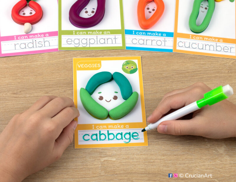 Printable Vegetables theme playdough mats. Summer season play dough mat with an illustration of a green cabbage. Do-it-yourself language learning educational resources for childcare centers.