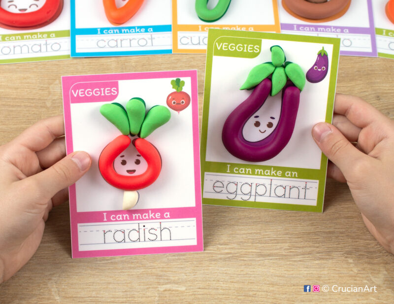 Vegetables hands-on play-doh activities for preschool and toddler curriculum. Preschooler holds two playdough mats with images of a radish and a eggplant.