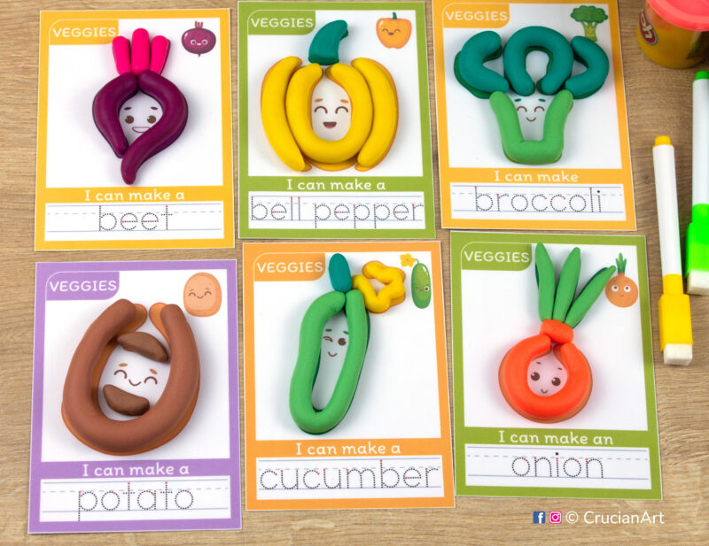 Vegetables playdough mats for toddlers and preschoolers with images of a cucumber, potato, yellow bell pepper, broccoli, green onion, beetroot.