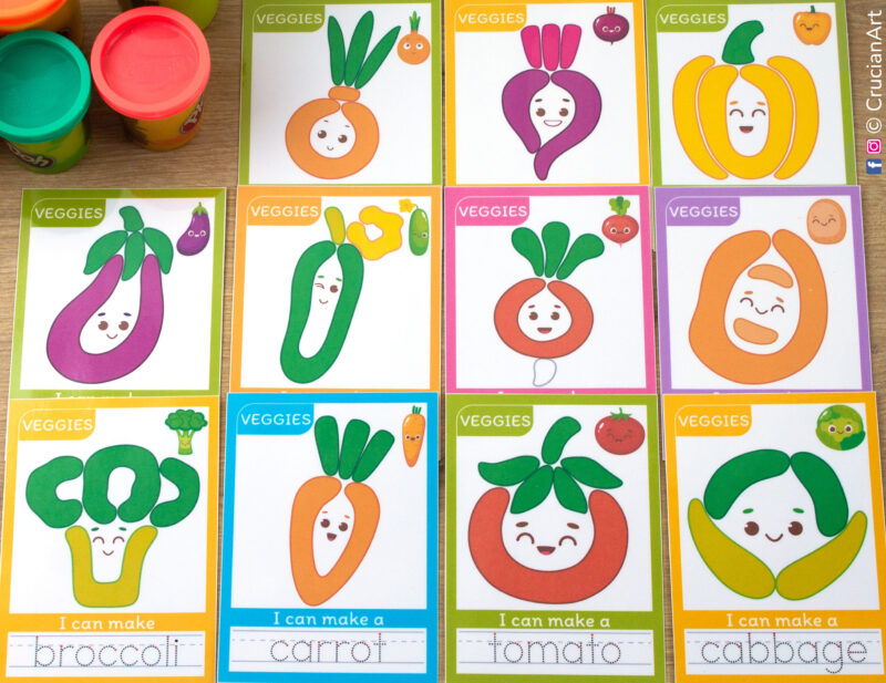 Vegetables theme playdough materials for preschool teachers. Printable DIY activity for Play-Doh with images of a tomato, carrot, broccoli, onion, cabbage, radish, bell pepper, cucumber, potato, beet, eggplant.