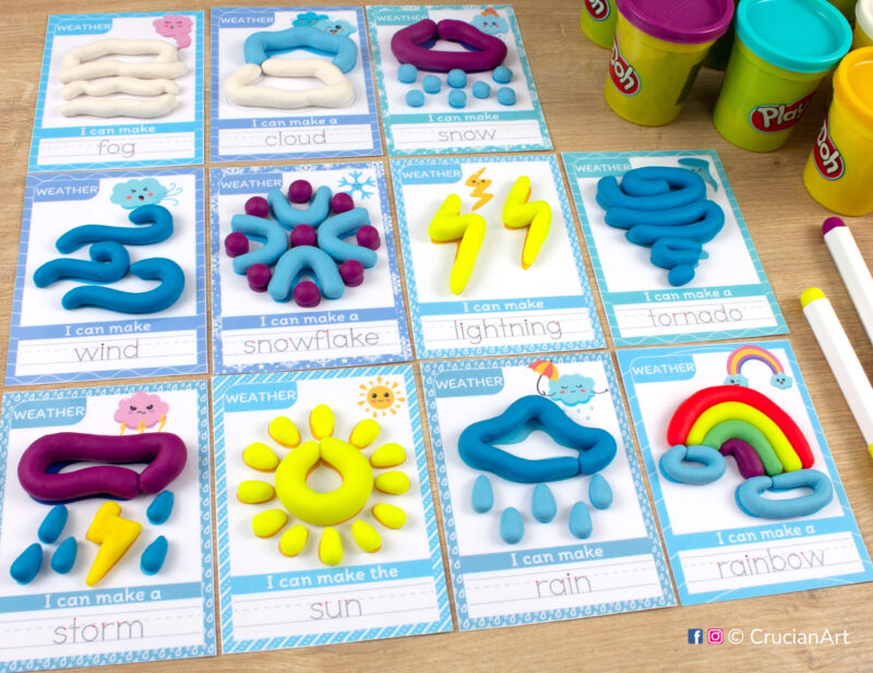 Set of Weather theme printable materials for playdough sensory station. Playdough mats for Play-Doh with images of sun, cloud, rain, rainbow, wind, fog, storm, lightning, tornado, snow, snowflake.