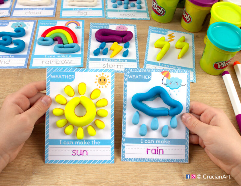 Weather theme hands-on playdough activities for preschool and toddler curriculum. Preschooler holds two play doh mats with images of sun and rain cloud.