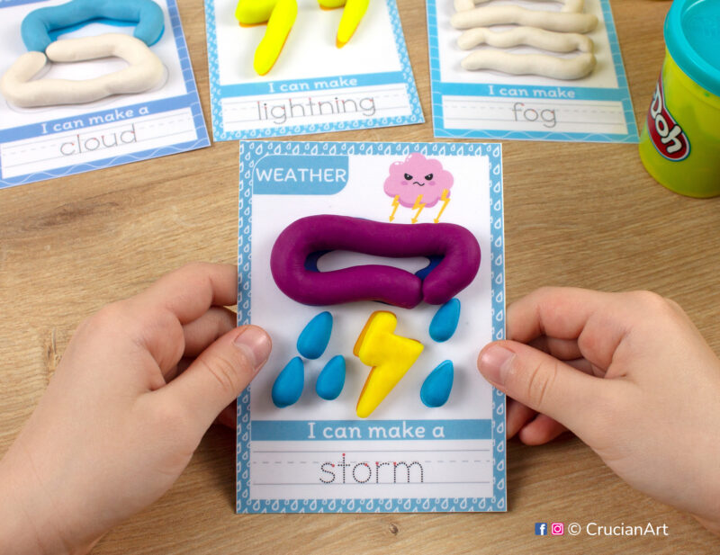Weather themed playdough mat with an image and word of a storm. Educational playdough printables for early childhood curriculum.