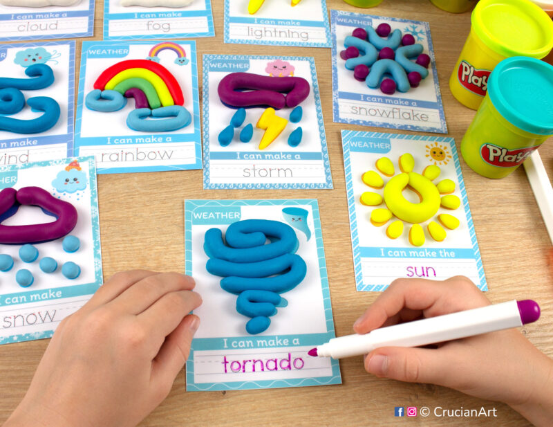 Printable Weather theme playdough mats. A play dough mat with a tornado. Do-it-yourself language learning educational resources for childcare centers.