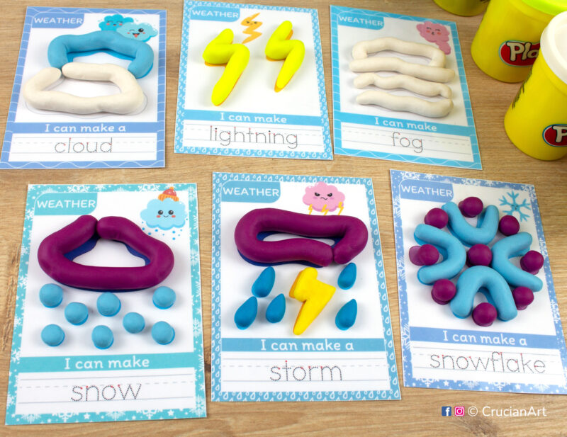 Set of weather themed playdough mats for toddlers and preschoolers with images of cloud, storm, fog, lightning, snow, and snowflake.
