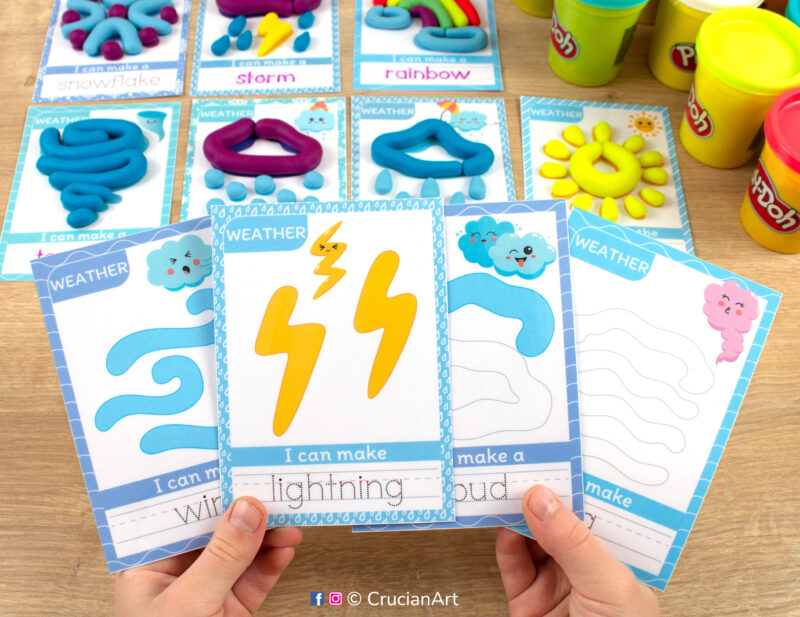 Set of weather theme printable playdough materials for preschool teachers. Learning activity for Play-Doh with images of a lightning, cloud, wind, and fog.
