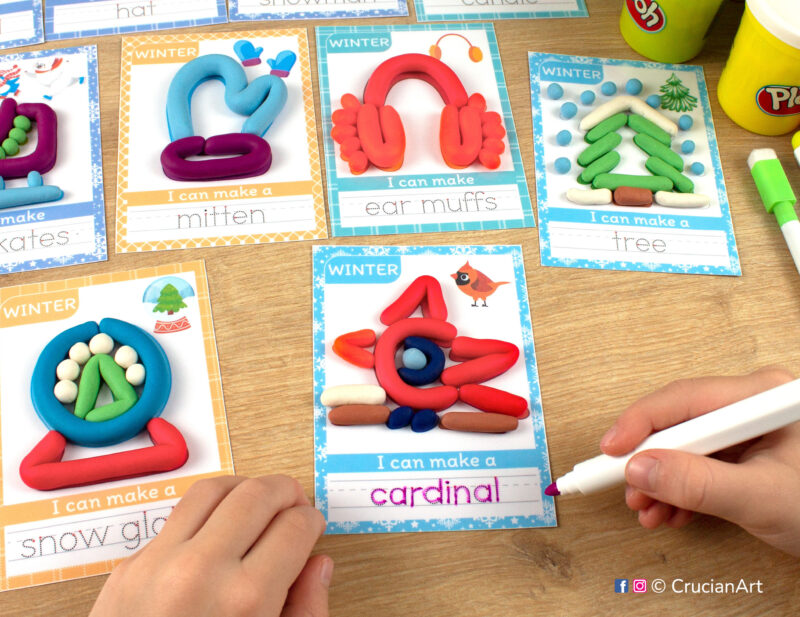 Printable Winter Season playdough mats. Seasonal play dough mat with a cardinal bird. Do-it-yourself language learning educational resources for childcare centers.