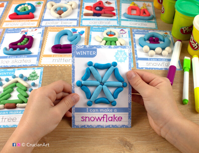 Winter-themed playdough mat with an image and word of a snowflake. Educational playdough printables for seasonal early childhood curriculum.