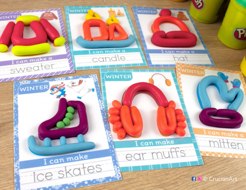 Winter themed playdough mats for toddlers and preschoolers with images of earmuffs, winter hat, mittens, sweater, candle, and ice skates.