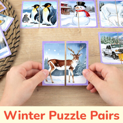 Winter theme picture puzzles for toddler and preschool education: watercolor image of a reindeer caribou. DIY classroom resources for seasonal learning.