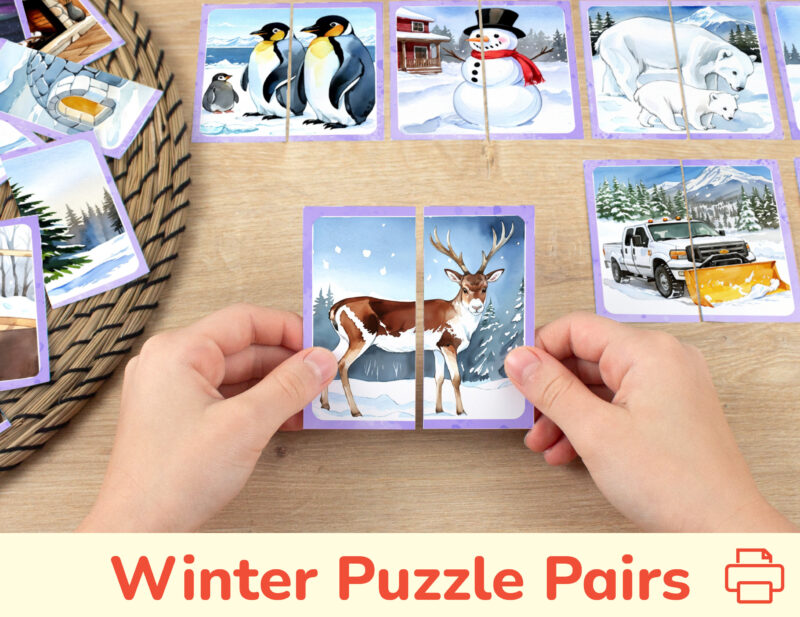 Winter theme picture puzzles for toddler and preschool education: watercolor image of a reindeer caribou. DIY classroom resources for seasonal learning.