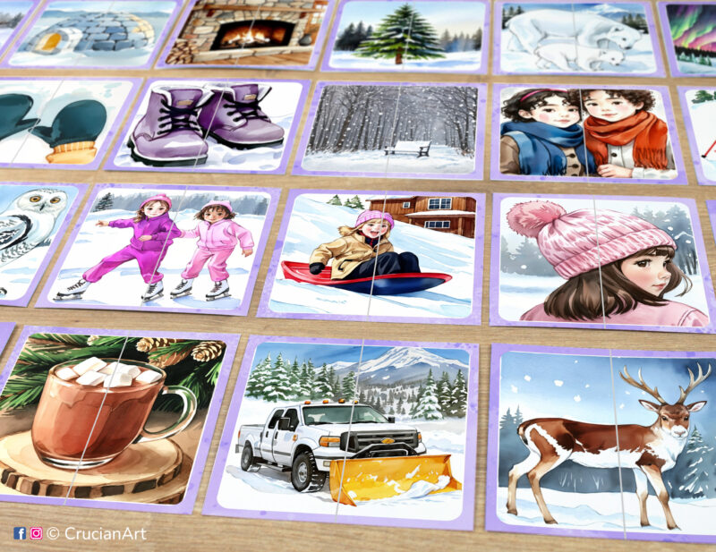 Set of winter season theme puzzle pairs to print for classroom activity. Picture puzzles: snowplow truck, sledding, ice skating, snow boots, winter hat and scarf, reindeer caribou, hot cocoa. DIY toddler and preschool matching game.