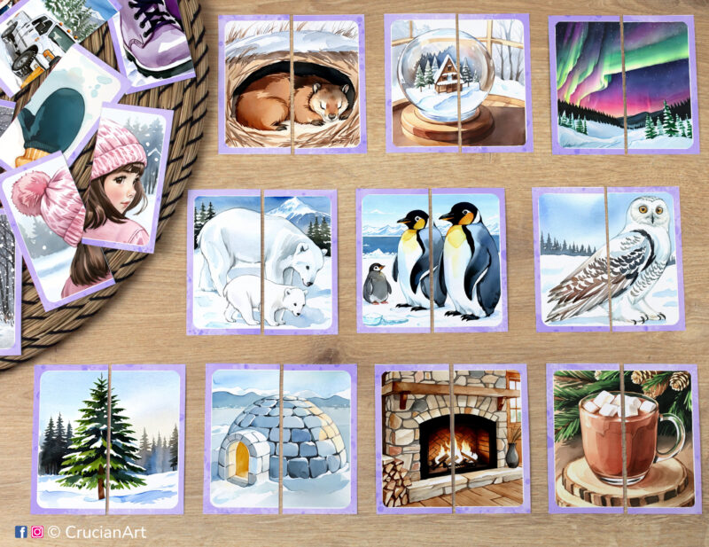 Match the puzzle halves printable activity for early learning. Winter season picture puzzles: polar bear, penguins, snowy owl, snow globe, hibernation, igloo, evergreen tree, fireplace, hot cocoa cup, snowplow truck.