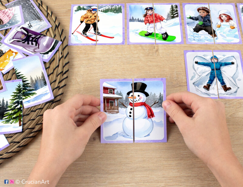 Kids puzzle matching activity in use: watercolor picture puzzle with a snowman. Montessori printables for two year olds. Winter puzzles: skiing, snowboarding, snowball fight, snow angel.