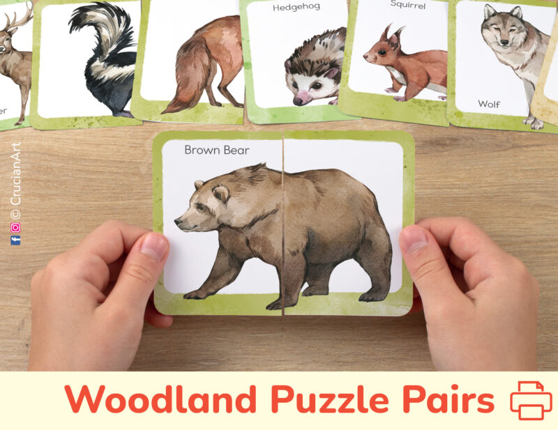 Woodland and forest animals theme picture puzzles for toddler and preschool education: brown bear, squirrel, wolf, hedgehog. DIY resources for classroom learning.