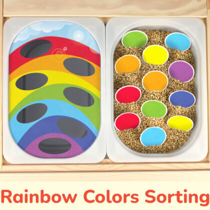 Colors of rainbow insert placed on Trofast sensory bins in IKEA Fflisat children's sensory table.
