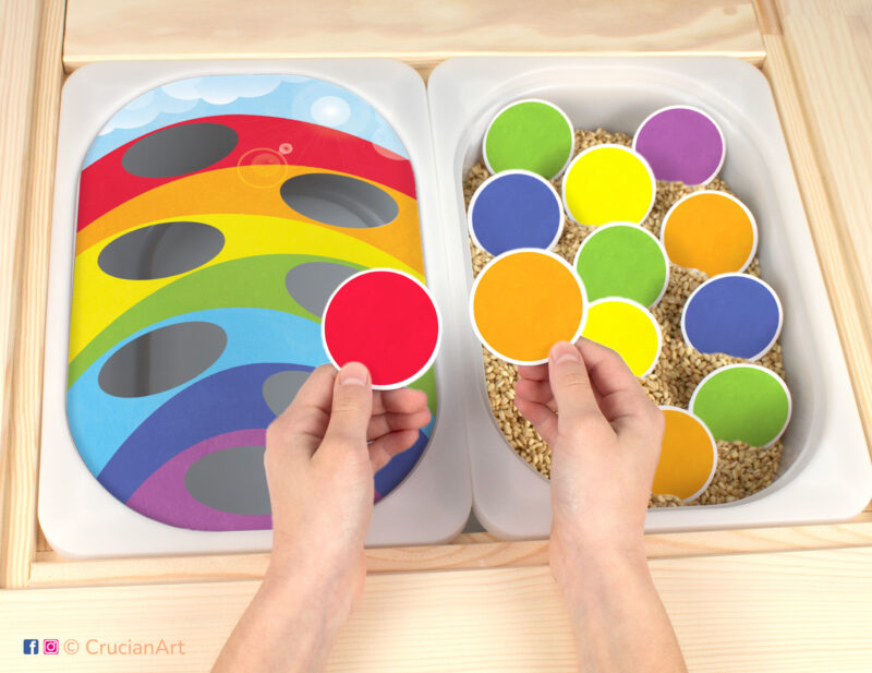 Printable template inserted into IKEA flisat table bins. Colors of rainbow sorting activity for toddlers.