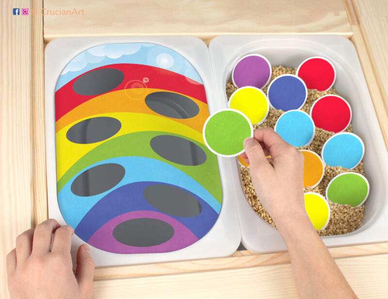 Rainbow colors theme sensory play in a childcare center: classroom learning printable materials for a spring season unit. Trofast insert template for kids sensory bins. Sorting printables for the IKEA Flisat sensory table.