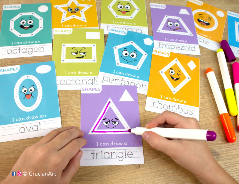 DIY cards with two-dimensional shapes and their names: oval, rectangle, oval, rhombus, pentagon, octagon, trapezoid. Preschooler tracing a triangle shape with a dry erase marker. Educational printables for toddler and preschool curriculum.