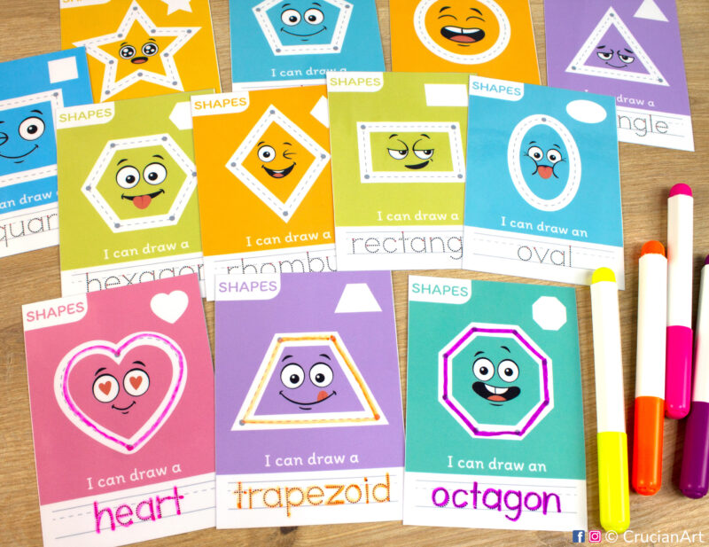 Flat shapes tracing cards for kids with geometric shapes and their names: circle, square, triangle, rectangle, oval, rhombus (diamond), trapezoid , pentagon, hexagon, octagon, heart, star. Montessori printables for toddlers and preschoolers.