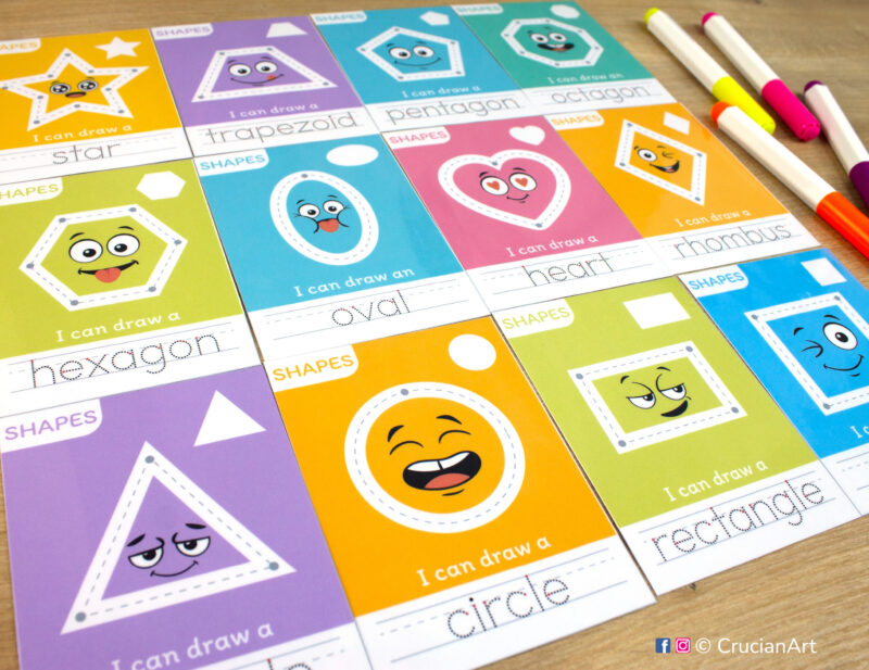 Set of geometric shapes cards to print. Easy to make educational resource for 2d flat shapes learning in preschool classrooms. Printable flashcards with tracing two-dimensional figures and their names: circle, square, triangle, rectangle, oval, rhombus (diamond), trapezoid, pentagon, hexagon, octagon, heart, star.