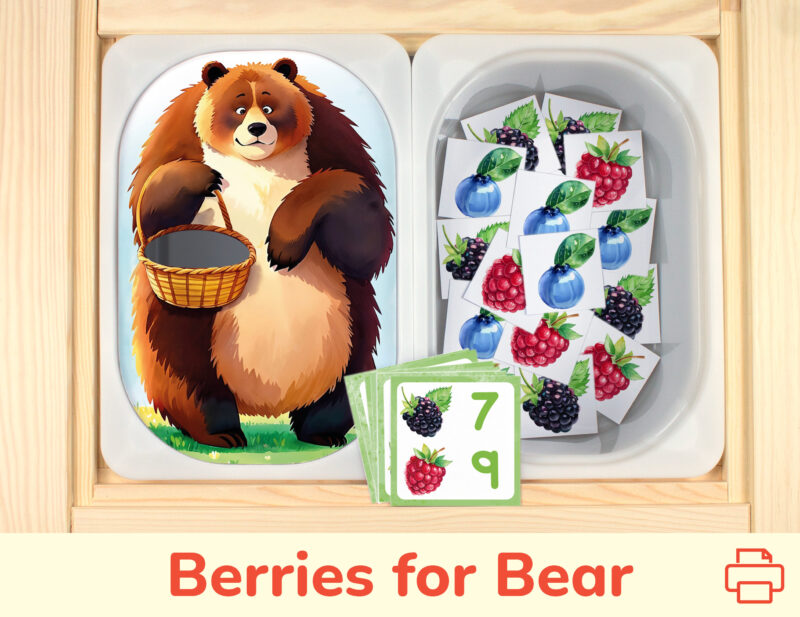 Feed the brown bear berries counting activity placed on trofast boxes in ikea flisat children's sensory table. Printable toddler activity for woodland animals study unit.