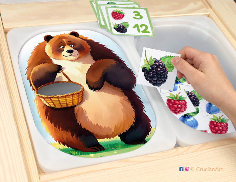 Berries for brown bear sensory play for a daycare center. Printable template for ikea flisat table bins for kids. Classroom educational printables for a woodland animals study unit.