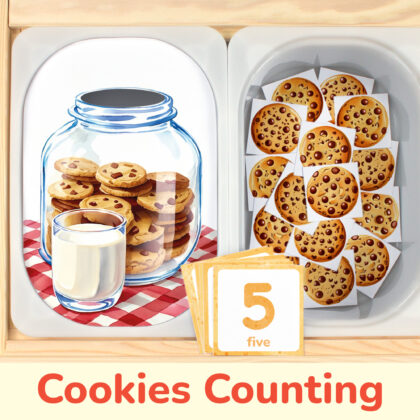 Jar of cookies counting activity placed on Trofast boxes in IKEA Flisat children's sensory table