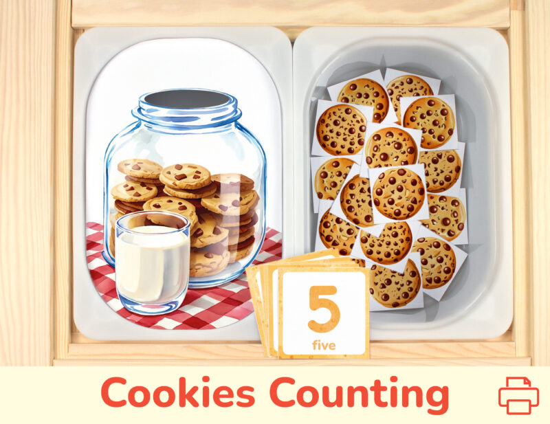 Jar of cookies counting activity placed on Trofast boxes in IKEA Flisat children's sensory table