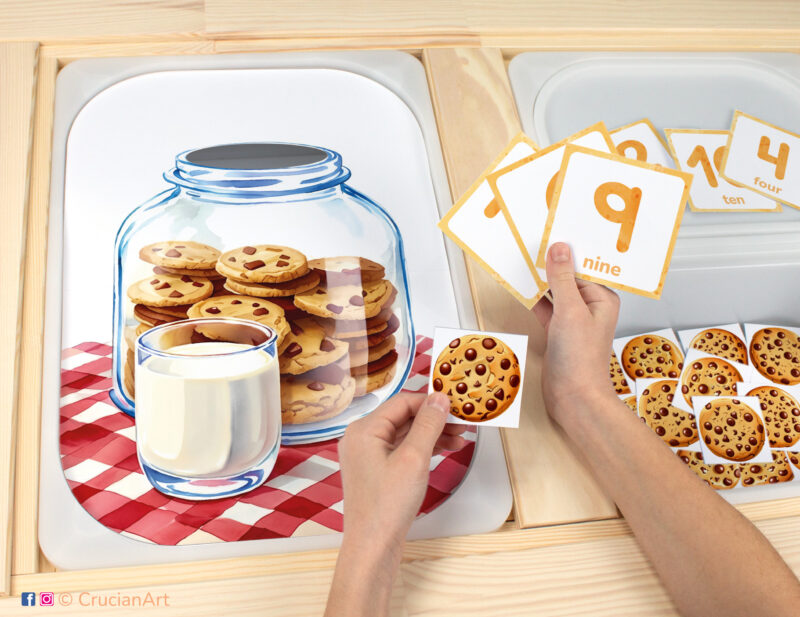 Jar of cookies sensory bins play for toddlers: Chocolate Chip Cookie theme worksheet for an educational activity. DIY template inserted into ikea flisat table, with counters placed in the trofast bin.