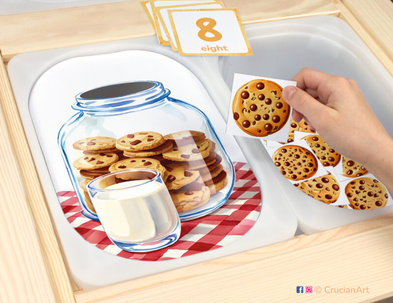 Cookie Jar Fill-Up sensory play in a childcare center: classroom learning printable materials for a chocolate chip cookie unit. Counting trofast insert template for kids sensory bins. Printables for the ikea flisat sensory table.