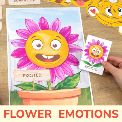 Flower garden emotions and feelings activity for kids. Emotional intelligence printable resource for toddlers. Empathy-building preschool activities.