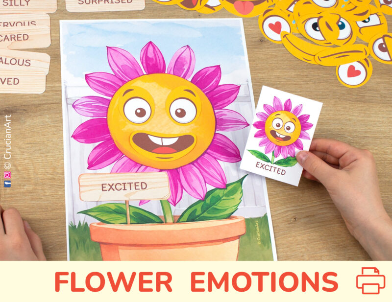 Flower garden emotions and feelings activity for kids. Emotional intelligence printable resource for toddlers. Empathy-building preschool activities.