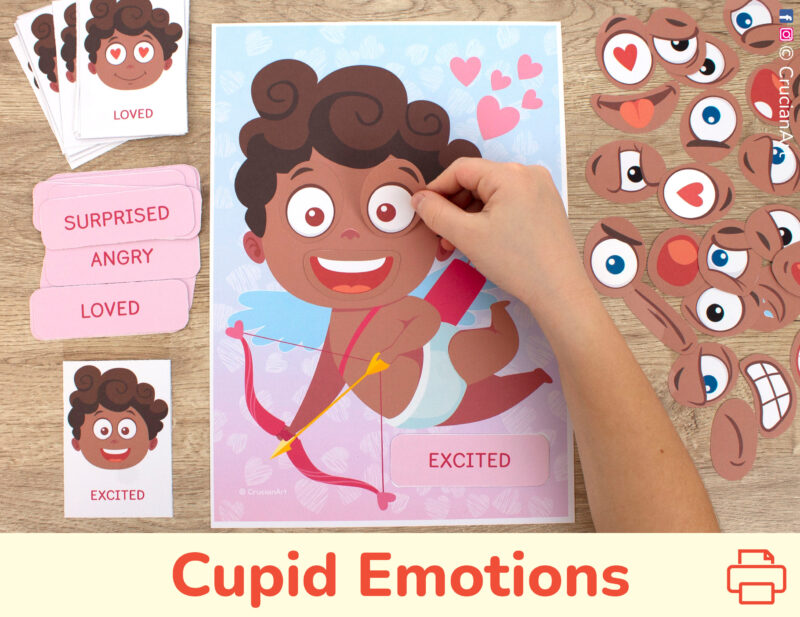 African American Cupid with brown skin emotions and feelings activity for kids. Emotional intelligence printable resource for toddlers. Empathy-building preschool activities for Saint Valentine day holiday.