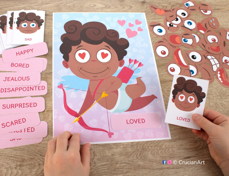 Emotional development material for toddlers and preschoolers. Learn about feelings and emotions educational resources. African American Cupid printable activity for Saint Valentine day holiday.