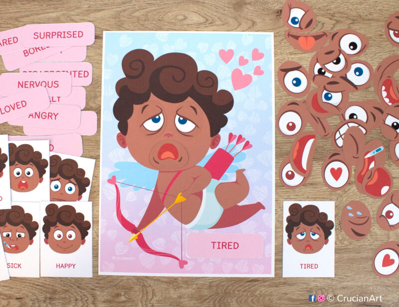 African American Cupid feelings and emotions activity for toddlers. Saint Valentine day printable materials for preschool classrooms on developing emotional intelligence.