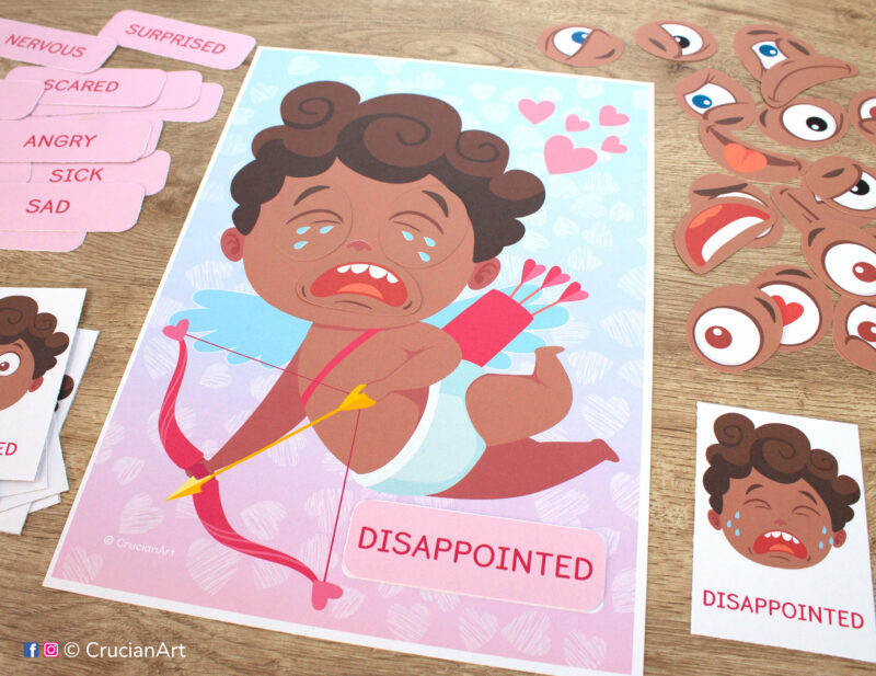 African American Cupid with brown skin emotions and feelings activity for emotion recognition. Saint Valentine day holiday learning printables for preschool teachers.