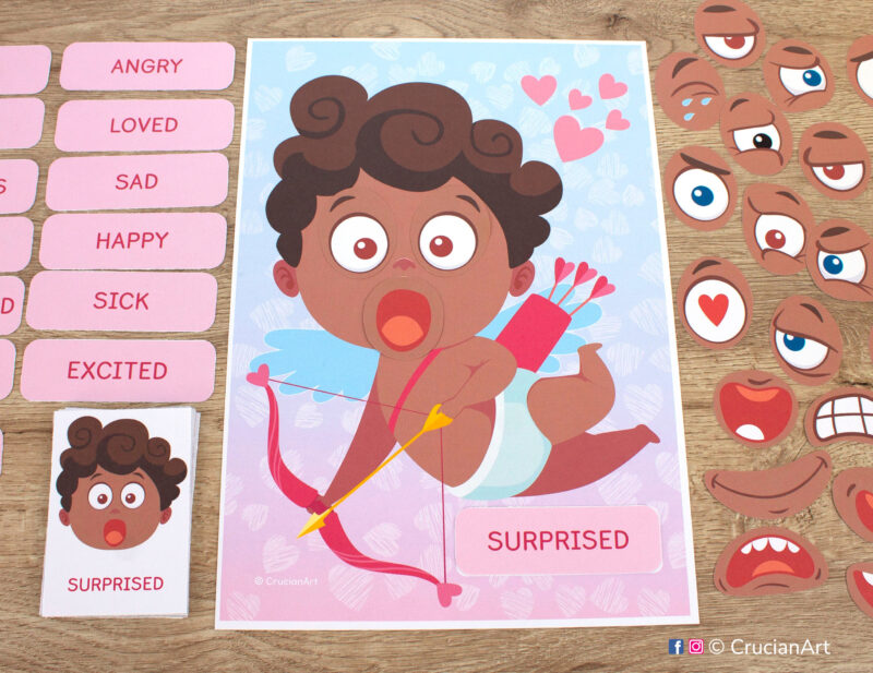 Build Cupid faces and learn about feelings and emotions. Saint Valentine day holiday printable activity for toddlers.