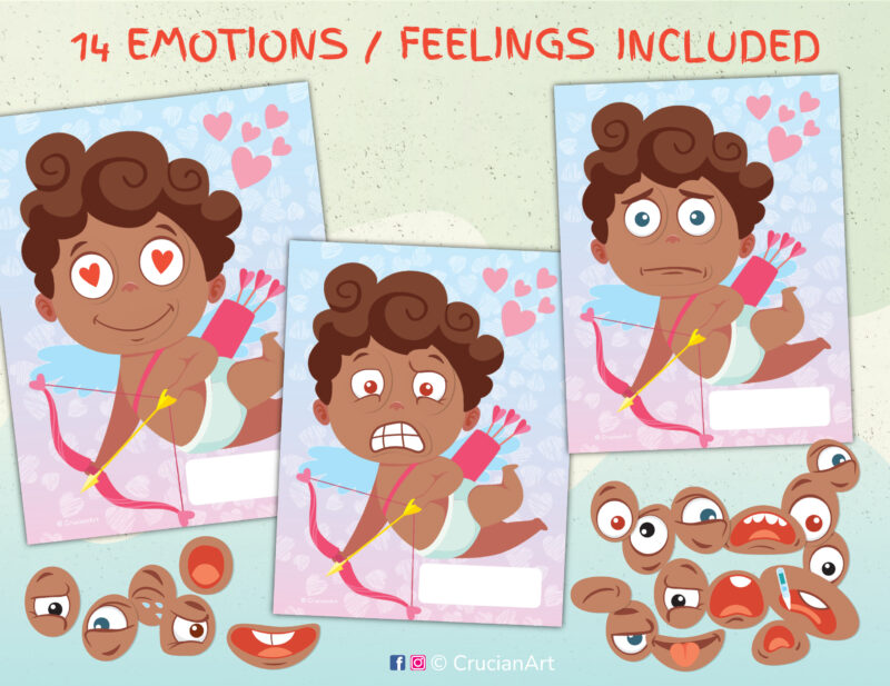 African American Cupid emotion recognition activity for preschool kids. Saint Valenting day theme activity about feelings and mood.