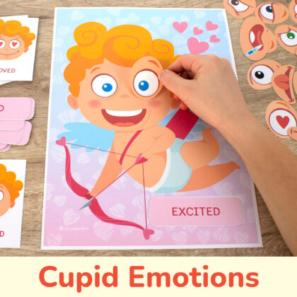 Cupid emotions and feelings activity for kids. Emotional intelligence printable resource for toddlers. Empathy-building preschool activities for Saint Valentine day holiday.