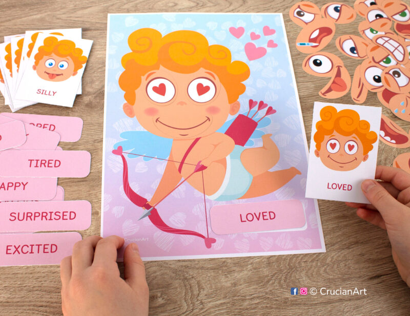 Emotional development material for toddlers and preschoolers. Learn about feelings and emotions educational resources. Cupid printable activity for Saint Valentine day holiday.
