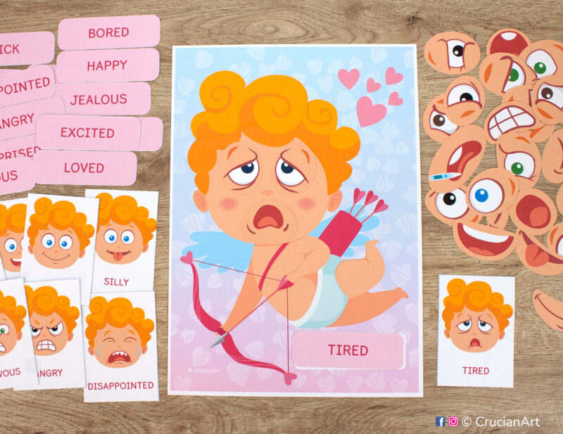 Cupid feelings and emotions activity for toddlers. Saint Valentine day printable materials for preschool classrooms on developing emotional intelligence.