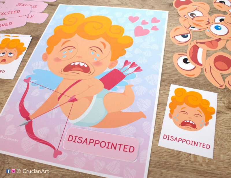 Cupid emotions and feelings activity for emotion recognition. Saint Valentine day holiday learning printables for preschool teachers.