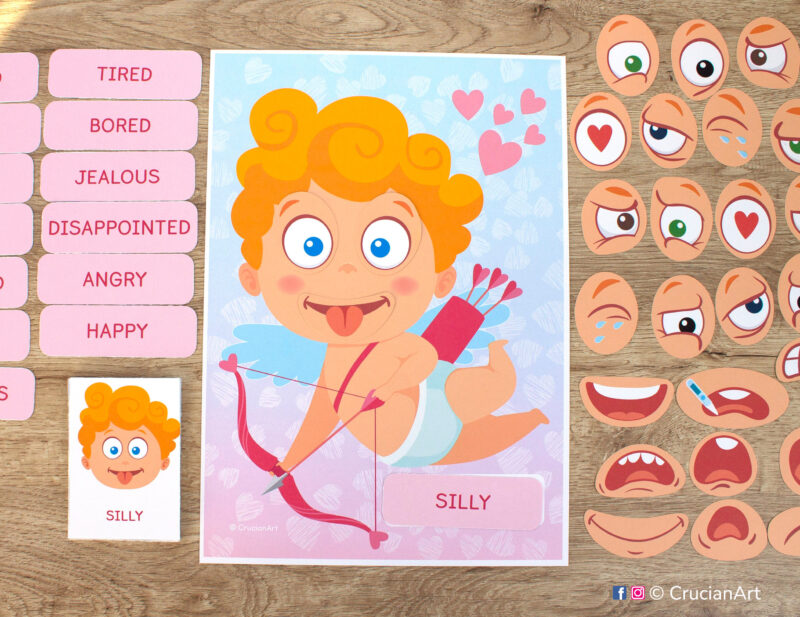 Build Cupid faces and learn about feelings and emotions. Saint Valentine day holiday printable activity for toddlers.