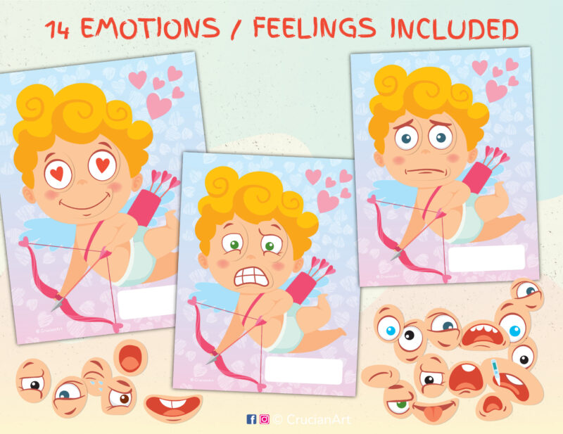 Cupid emotion recognition activity for preschool kids. Saint Valenting day theme activity about feelings and mood.